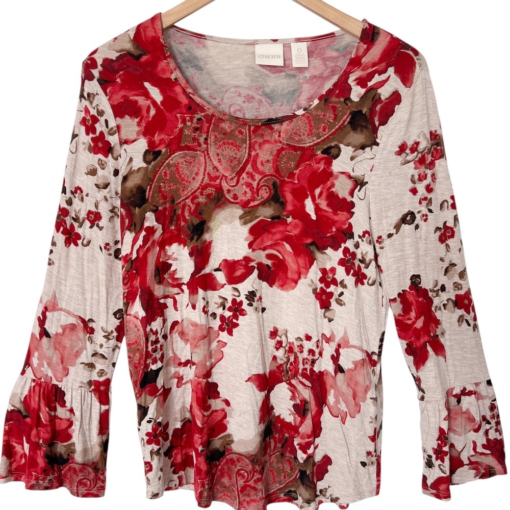 Chicos Size‎ 0 Small Floral Paisley Print Bell Sleeve Top Blouse Soft Knit Boho